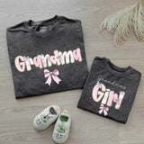 Custom Pink Grandma & Baby Matching Shirt Set with Floral Bow Artwork, Soft Cotton Romper & T-Shirt Perfect for Gifts or Photoshoots