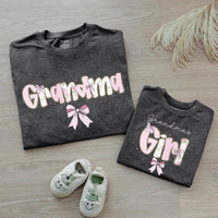 Custom Pink Grandma & Baby Matching Shirt Set with Floral Bow Artwork, Soft Cotton Romper & T-Shirt Perfect for Gifts or Photoshoots
