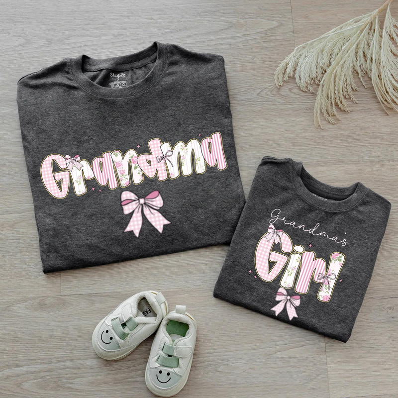 Custom Pink Grandma & Baby Matching Shirt Set with Floral Bow Artwork, Soft Cotton Romper & T-Shirt Perfect for Gifts or Photoshoots
