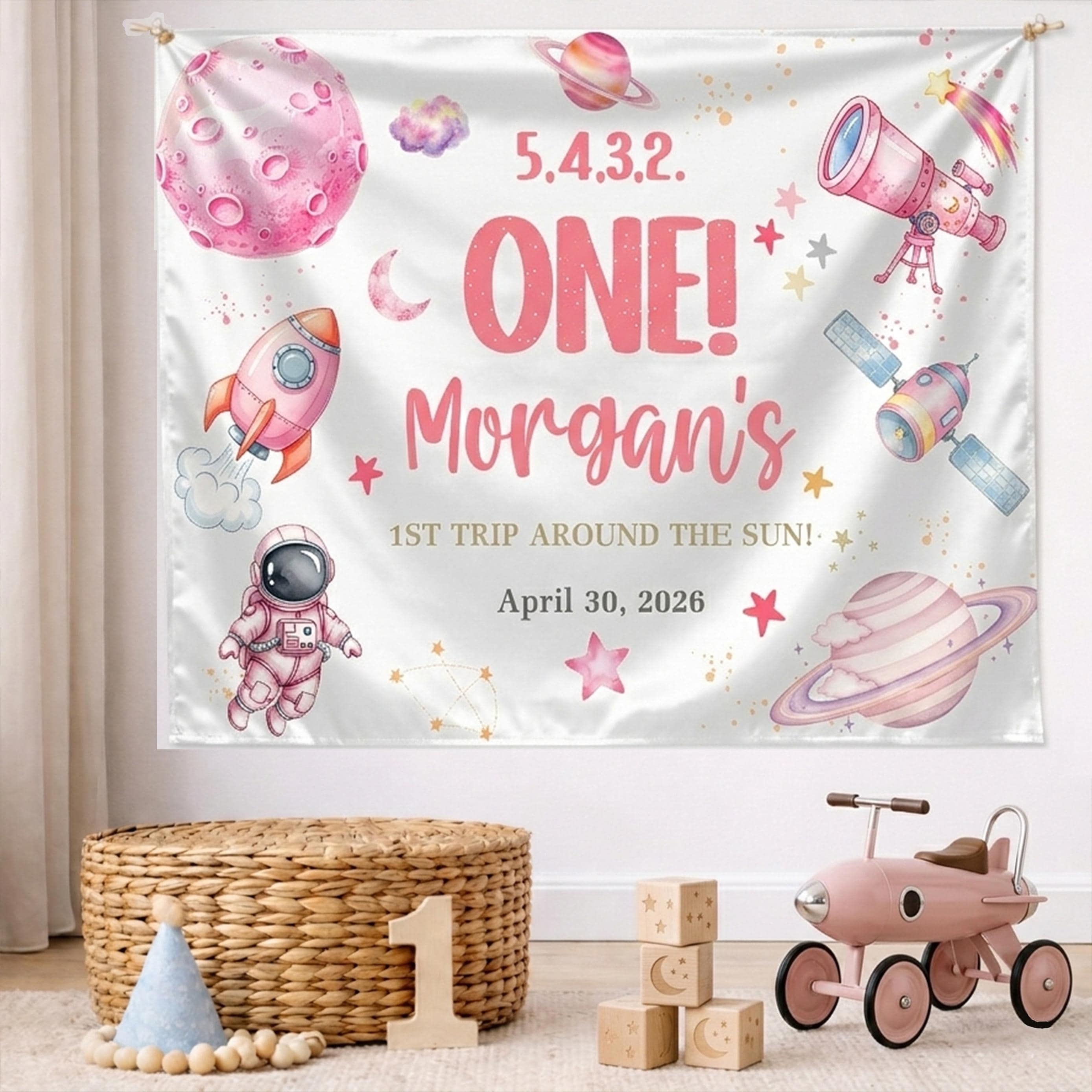 Custom Pink Rocket First Birthday Banner for Baby Girl Space Party Decor, Whimsical Moon and Stars Backdrop, Personalized Name and Date
