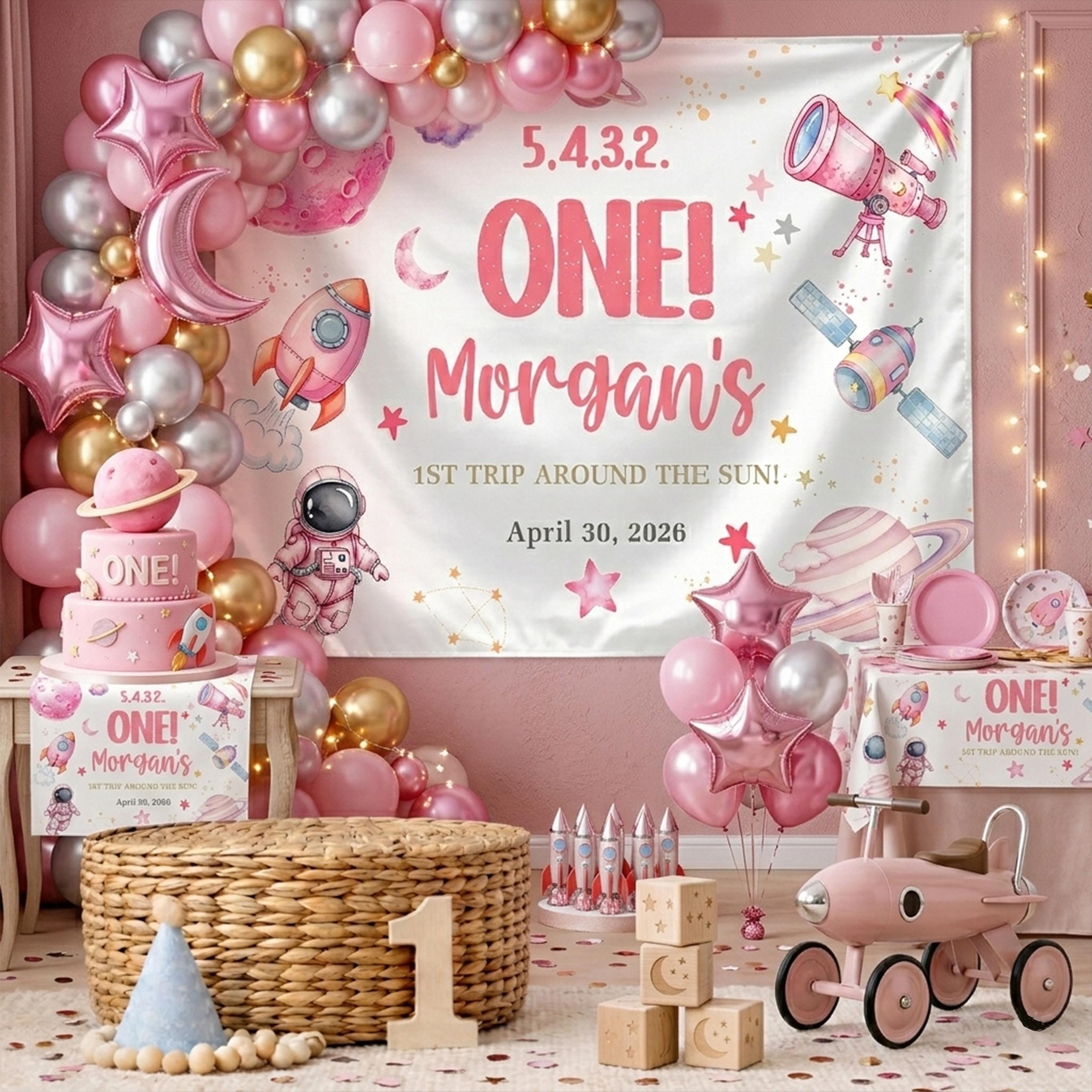 Custom Pink Rocket First Birthday Banner for Baby Girl Space Party Decor, Whimsical Moon and Stars Backdrop, Personalized Name and Date