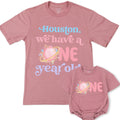 Custom Pink Space Theme Matching Family Shirts with 'Houston We Have a One Year Old' Artwork for Baby's 1st Birthday Celebration Outfit