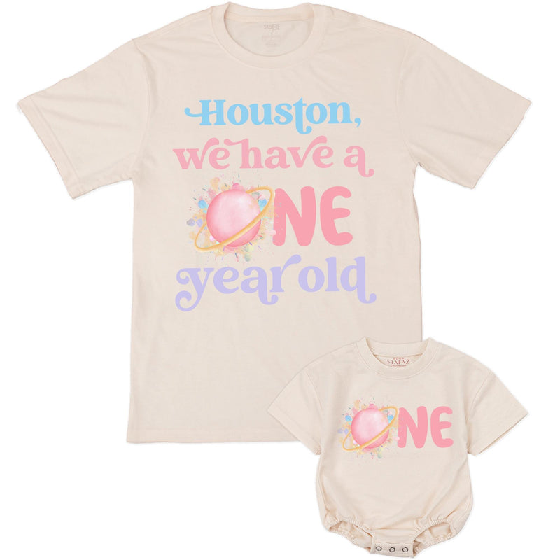 Custom Pink Space Theme Matching Family Shirts with 'Houston We Have a One Year Old' Artwork for Baby's 1st Birthday Celebration Outfit