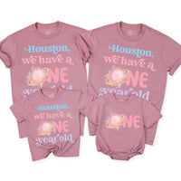 Custom Pink Space Theme Matching Family Shirts with 'Houston We Have a One Year Old' Artwork for Baby's 1st Birthday Celebration Outfit