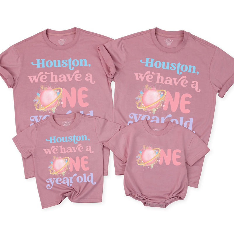 Custom Pink Space Theme Matching Family Shirts with 'Houston We Have a One Year Old' Artwork for Baby's 1st Birthday Celebration Outfit