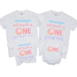 Custom Pink Space Theme Matching Family Shirts with 'Houston We Have a One Year Old' Artwork for Baby's 1st Birthday Celebration Outfit