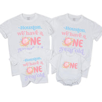 Custom Pink Space Theme Matching Family Shirts with 'Houston We Have a One Year Old' Artwork for Baby's 1st Birthday Celebration Outfit