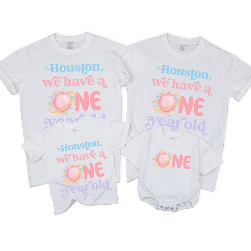 Custom Pink Space Theme Matching Family Shirts with 'Houston We Have a One Year Old' Artwork for Baby's 1st Birthday Celebration Outfit