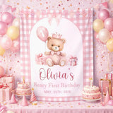 Custom Pink Teddy Bear First Birthday Silk Banner for Girls, Gingham Bow Party Backdrop with Name, Perfect for Milestone Celebrations