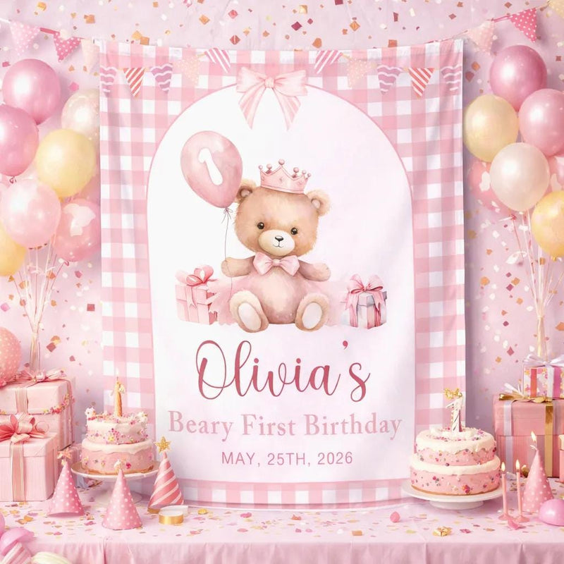 Custom Pink Teddy Bear First Birthday Silk Banner for Girls, Gingham Bow Party Backdrop with Name, Perfect for Milestone Celebrations