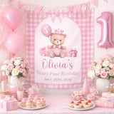Custom Pink Teddy Bear First Birthday Silk Banner for Girls, Gingham Bow Party Backdrop with Name, Perfect for Milestone Celebrations
