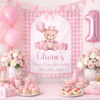 Custom Pink Teddy Bear First Birthday Silk Banner for Girls, Gingham Bow Party Backdrop with Name, Perfect for Milestone Celebrations