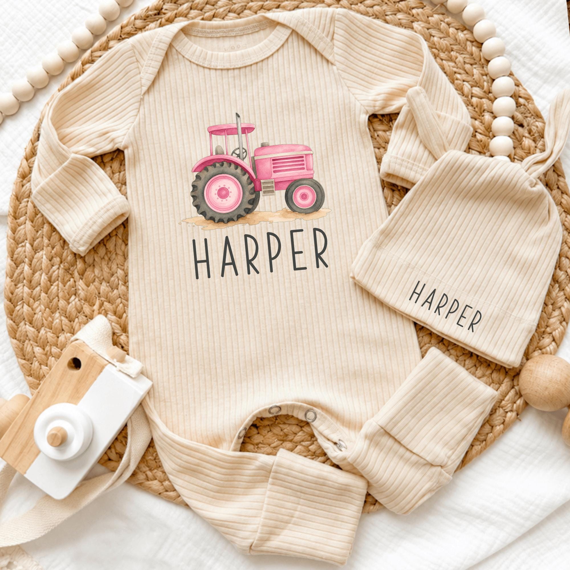 Custom Pink Tractor Baby Girl Bodysuit & Hat Set in Soft Cotton, Perfect Coming Home Outfit or Farm-Themed Baby Shower Gift