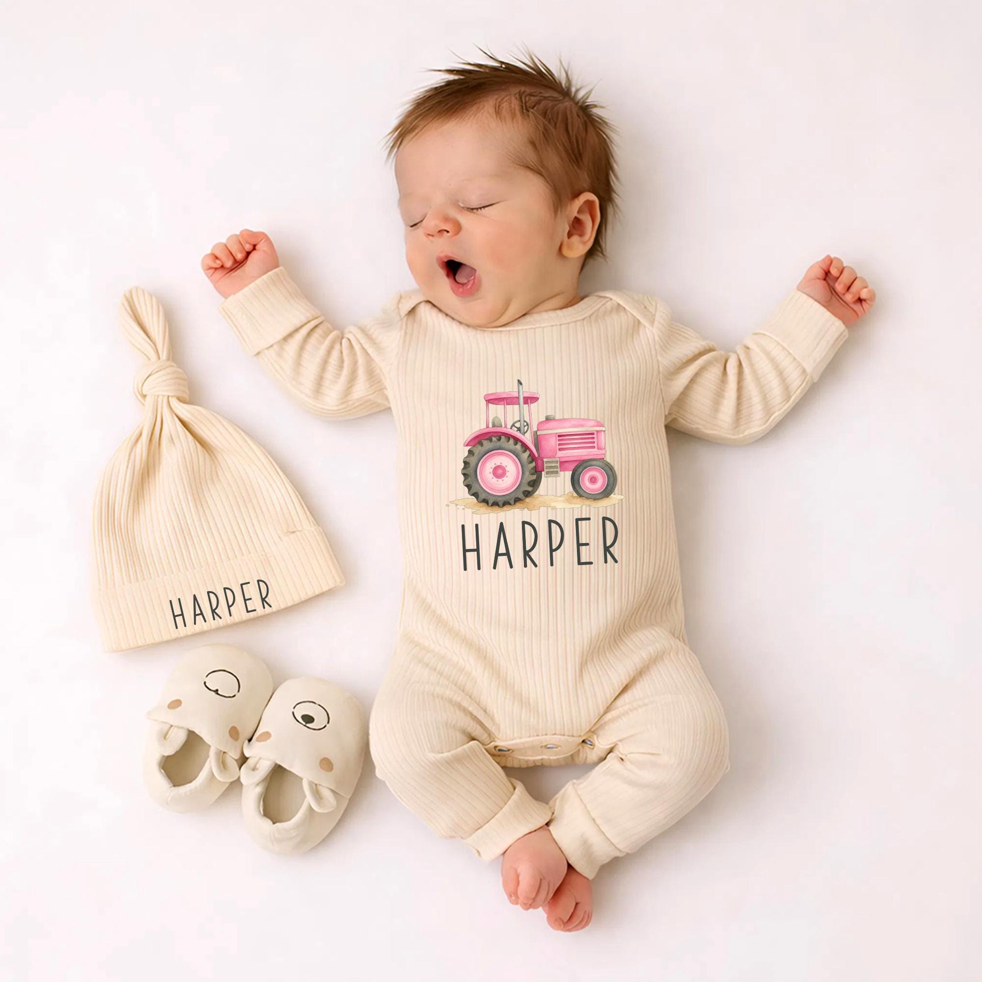 Custom Pink Tractor Baby Girl Bodysuit & Hat Set in Soft Cotton, Perfect Coming Home Outfit or Farm-Themed Baby Shower Gift