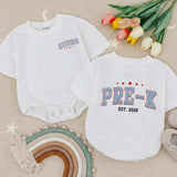 Custom Pre-K Kids Shirt with Name, Retro Varsity Design, Soft Cotton Long Sleeve Romper for Toddlers, First Day of School Outfit Gift