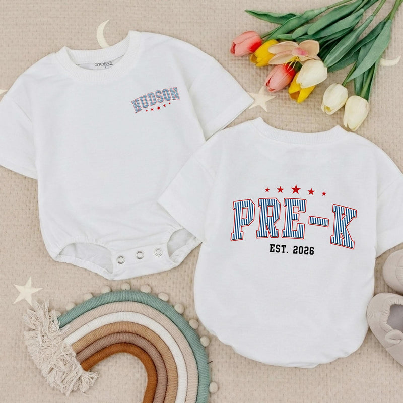 Custom Pre-K Kids Shirt with Name, Retro Varsity Design, Soft Cotton Long Sleeve Romper for Toddlers, First Day of School Outfit Gift