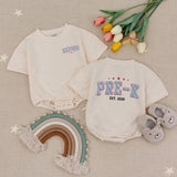 Custom Pre-K Kids Shirt with Name, Retro Varsity Design, Soft Cotton Long Sleeve Romper for Toddlers, First Day of School Outfit Gift