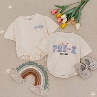 Custom Pre-K Kids Shirt with Name, Retro Varsity Design, Soft Cotton Long Sleeve Romper for Toddlers, First Day of School Outfit Gift