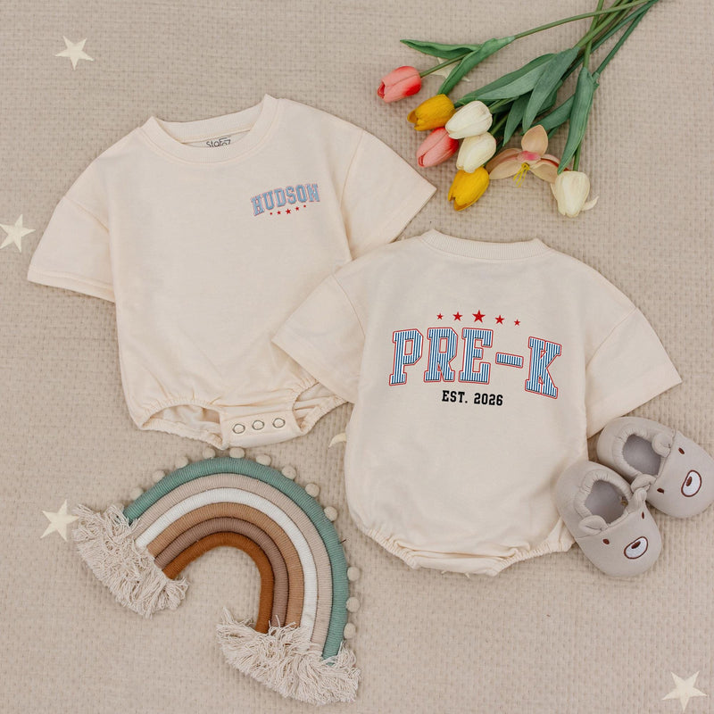 Custom Pre-K Kids Shirt with Name, Retro Varsity Design, Soft Cotton Long Sleeve Romper for Toddlers, First Day of School Outfit Gift