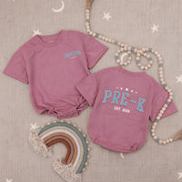 Custom Pre-K Kids Shirt with Name, Retro Varsity Design, Soft Cotton Long Sleeve Romper for Toddlers, First Day of School Outfit Gift
