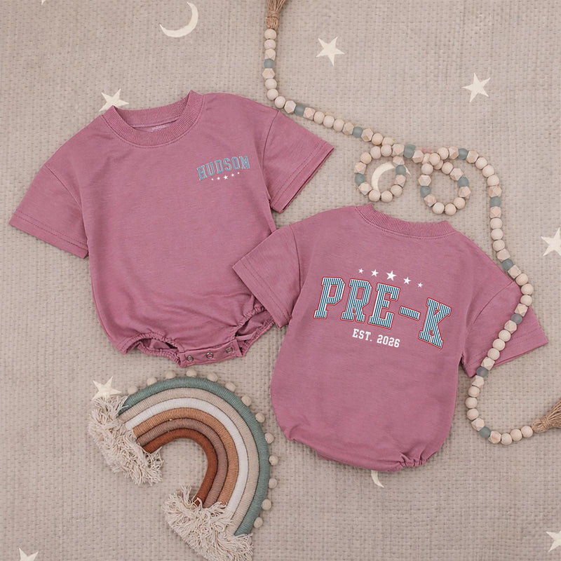 Custom Pre-K Kids Shirt with Name, Retro Varsity Design, Soft Cotton Long Sleeve Romper for Toddlers, First Day of School Outfit Gift