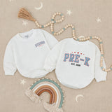 Custom Pre-K Kids Shirt with Name, Retro Varsity Design, Soft Cotton Long Sleeve Romper for Toddlers, First Day of School Outfit Gift