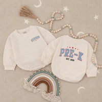 Custom Pre-K Kids Shirt with Name, Retro Varsity Design, Soft Cotton Long Sleeve Romper for Toddlers, First Day of School Outfit Gift