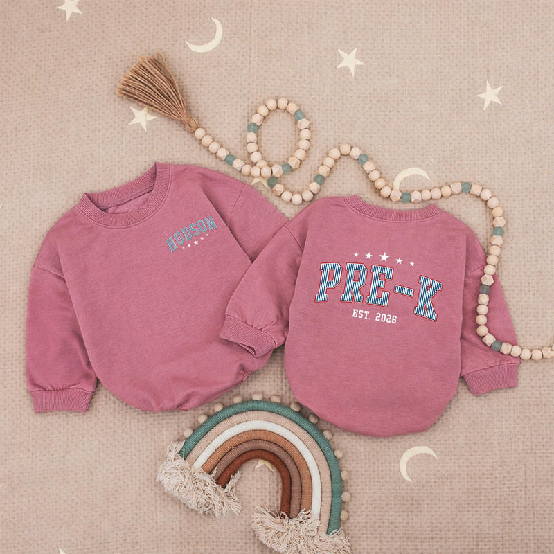 Custom Pre-K Kids Shirt with Name, Retro Varsity Design, Soft Cotton Long Sleeve Romper for Toddlers, First Day of School Outfit Gift
