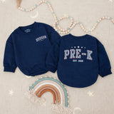 Custom Pre-K Kids Shirt with Name, Retro Varsity Design, Soft Cotton Long Sleeve Romper for Toddlers, First Day of School Outfit Gift