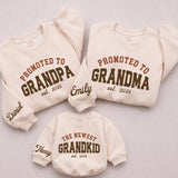 Custom Promoted to Grandpa Grandma Sweatshirt & Newest Grandkid Romper, Matching Family Outfits for Baby Reveal, Soft Cotton Apparel