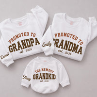 Custom Promoted to Grandpa Grandma Sweatshirt & Newest Grandkid Romper, Matching Family Outfits for Baby Reveal, Soft Cotton Apparel