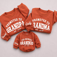 Custom Promoted to Grandpa Grandma Sweatshirt & Newest Grandkid Romper, Matching Family Outfits for Baby Reveal, Soft Cotton Apparel