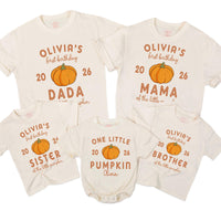 Custom Pumpkin 1st Birthday Matching Family Shirts, Baby Bodysuit & Adult Tees, Soft Cotton Fall Outfit for Milestone Photos NB–2XL