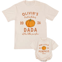 Custom Pumpkin 1st Birthday Matching Family Shirts, Baby Bodysuit & Adult Tees, Soft Cotton Fall Outfit for Milestone Photos NB–2XL