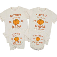 Custom Pumpkin 1st Birthday Matching Family Shirts, Baby Bodysuit & Adult Tees, Soft Cotton Fall Outfit for Milestone Photos NB–2XL