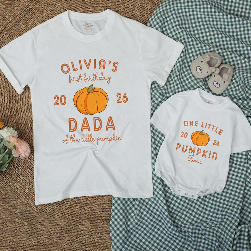 Custom Pumpkin 1st Birthday Matching Family Shirts, Baby Bodysuit & Adult Tees, Soft Cotton Fall Outfit for Milestone Photos NB–2XL