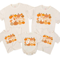 Custom Pumpkin 1st Birthday Matching Family Shirts, Retro Fall Dada Mama Mini Outfit, Soft Cotton Baby Toddler Kids NB–2XL Tee