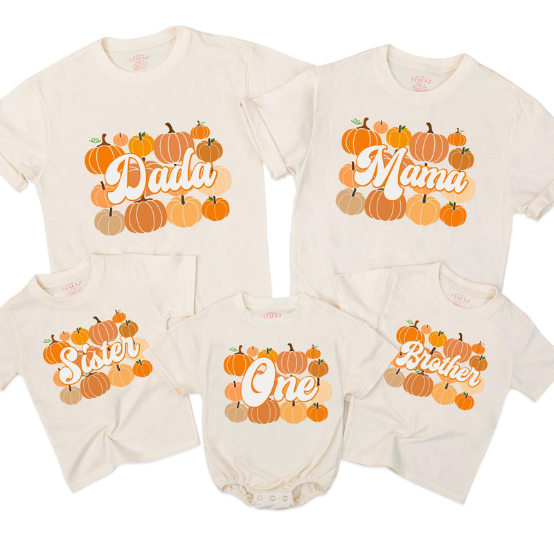 Custom Pumpkin 1st Birthday Matching Family Shirts, Retro Fall Dada Mama Mini Outfit, Soft Cotton Baby Toddler Kids NB–2XL Tee
