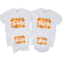 Custom Pumpkin 1st Birthday Matching Family Shirts, Retro Fall Dada Mama Mini Outfit, Soft Cotton Baby Toddler Kids NB–2XL Tee