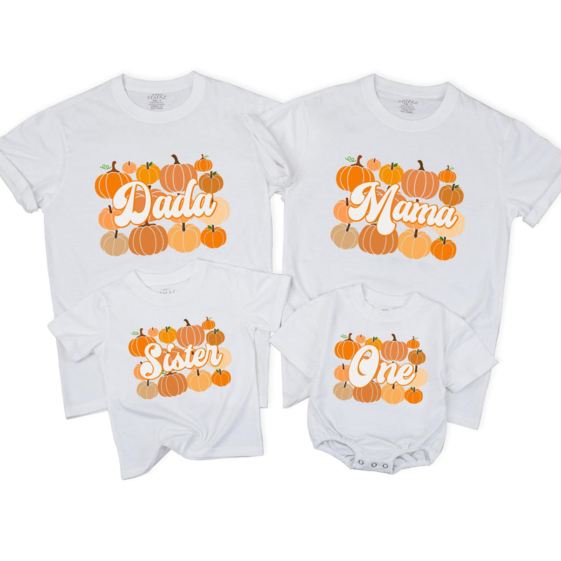 Custom Pumpkin 1st Birthday Matching Family Shirts, Retro Fall Dada Mama Mini Outfit, Soft Cotton Baby Toddler Kids NB–2XL Tee