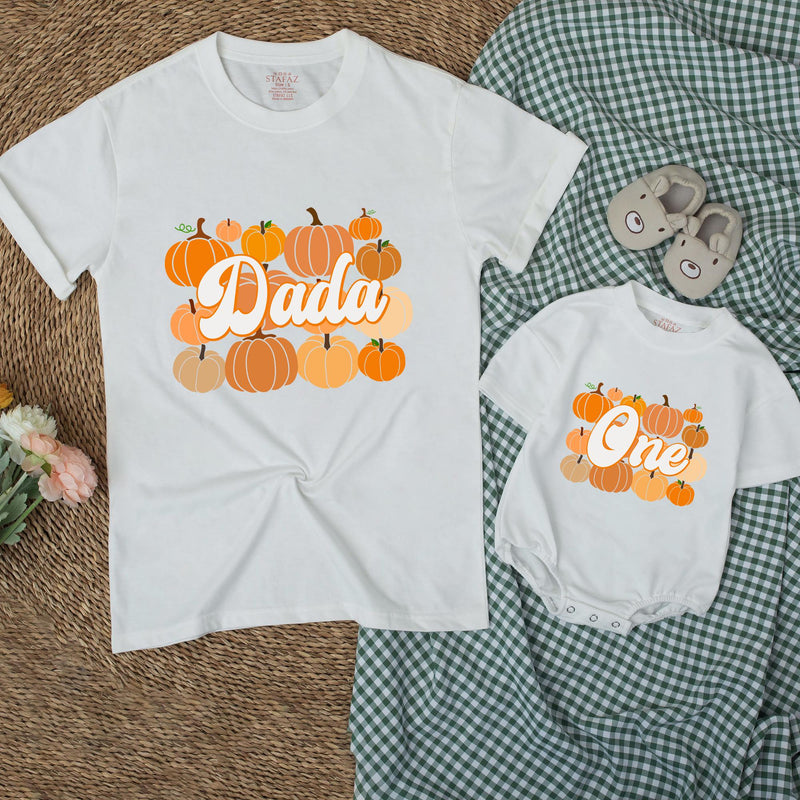 Custom Pumpkin 1st Birthday Matching Family Shirts, Retro Fall Dada Mama Mini Outfit, Soft Cotton Baby Toddler Kids NB–2XL Tee