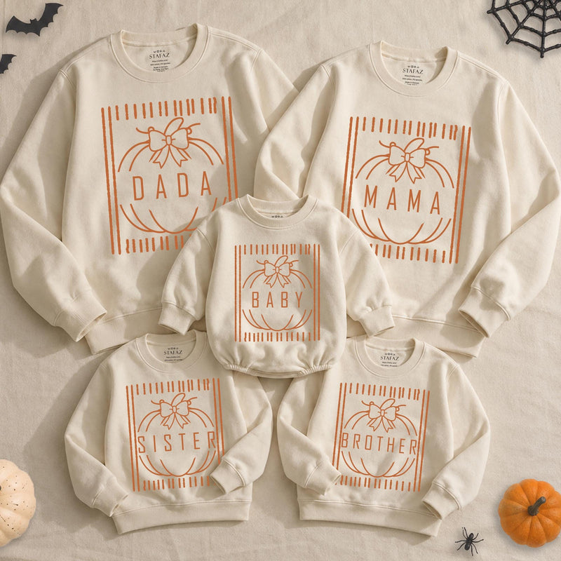 Custom Pumpkin Bow Family Sweatshirts with Names, Matching Halloween Crewnecks for Baby, Kids, Mom, Dad, Soft Cotton Fall Outfit NB-2XL