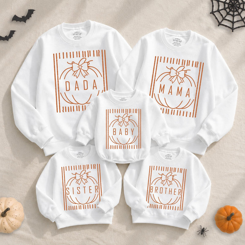 Custom Pumpkin Bow Family Sweatshirts with Names, Matching Halloween Crewnecks for Baby, Kids, Mom, Dad, Soft Cotton Fall Outfit NB-2XL
