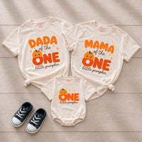 Custom Pumpkin Family Matching Shirts for Baby's First Birthday, Soft Cotton Romper & Tees with 'One Little Pumpkin' Design