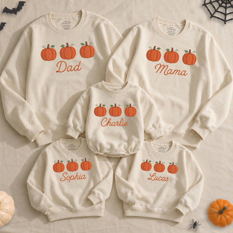 Custom Pumpkin Family Matching Sweatshirt & Baby Romper for Fall, Soft Cotton Long Sleeve for Mom, Dad, Kids & Baby, Personalized Name