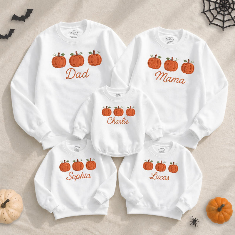 Custom Pumpkin Family Matching Sweatshirt & Baby Romper for Fall, Soft Cotton Long Sleeve for Mom, Dad, Kids & Baby, Personalized Name