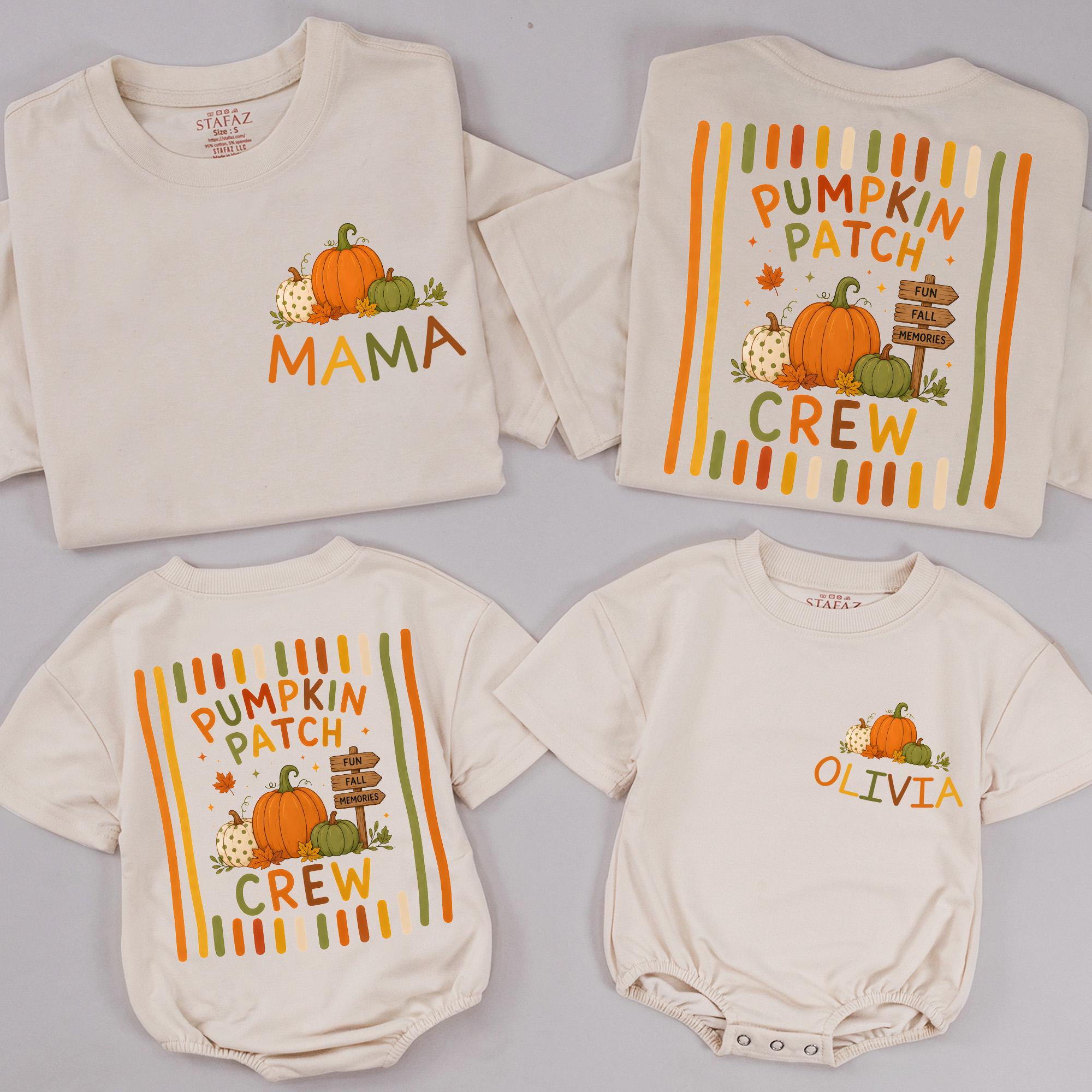 Custom Pumpkin Patch Crew Family Shirts and Baby Rompers, Fall Matching Outfits with Personalized Names for Thanksgiving and Autumn Photos