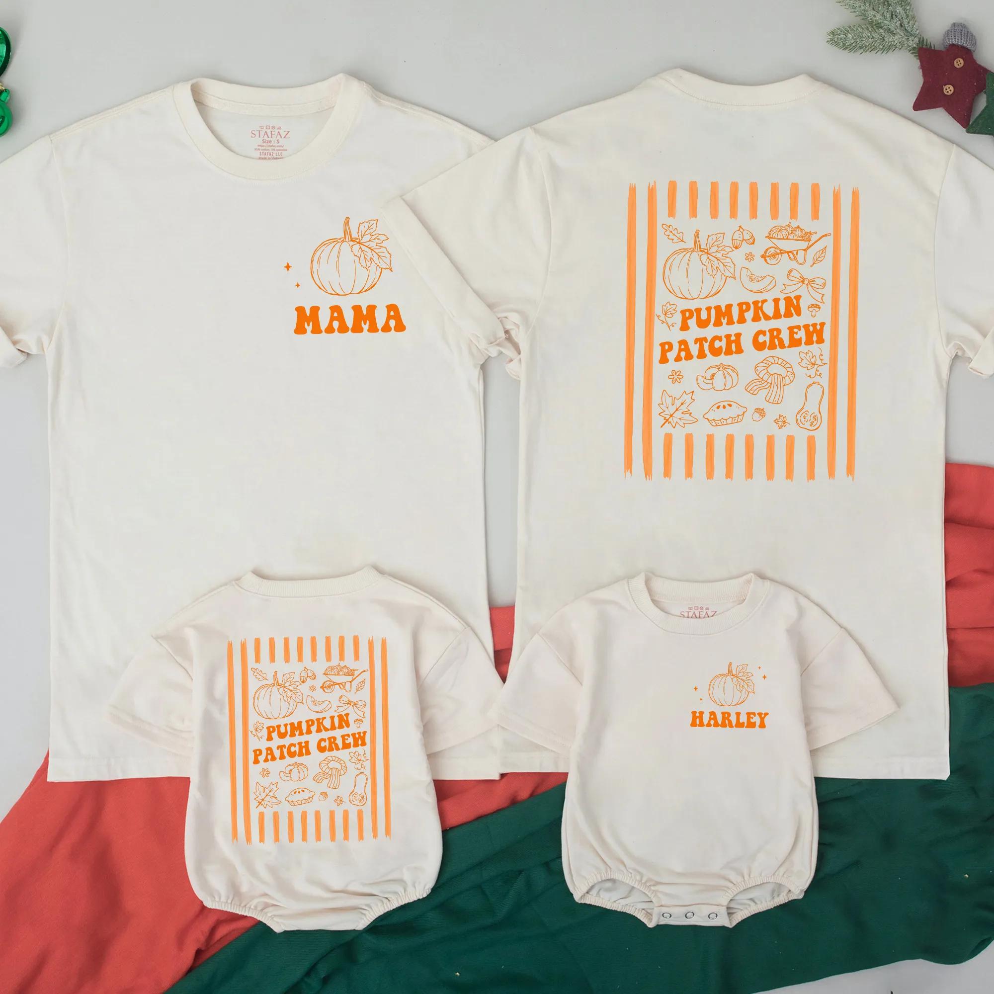 Custom Pumpkin Patch Crew Matching Family Shirts and Baby Rompers, Fall Outfits with Retro Orange Design, Soft Cotton, NB to 2XL Sizes