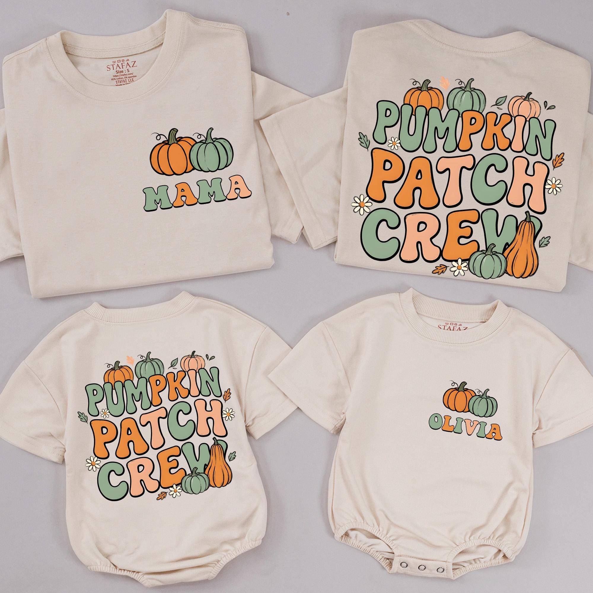 Custom Pumpkin Patch Crew Matching Family Shirts with Name, Soft Cotton Thanksgiving Outfit for Mom, Dad, Baby, Toddler, and Kids