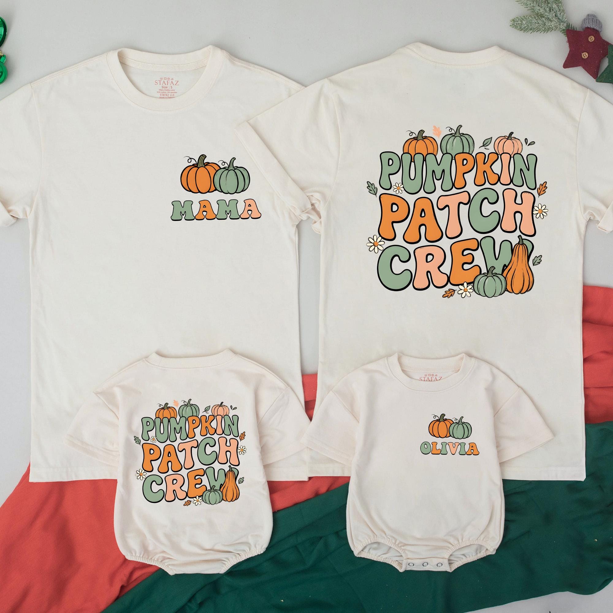 Custom Pumpkin Patch Crew Matching Family Shirts with Name, Soft Cotton Thanksgiving Outfit for Mom, Dad, Baby, Toddler, and Kids